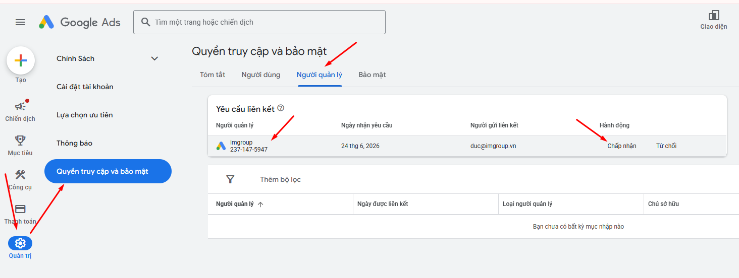 Bước 1: Chấp nhận yêu cầu liên kết